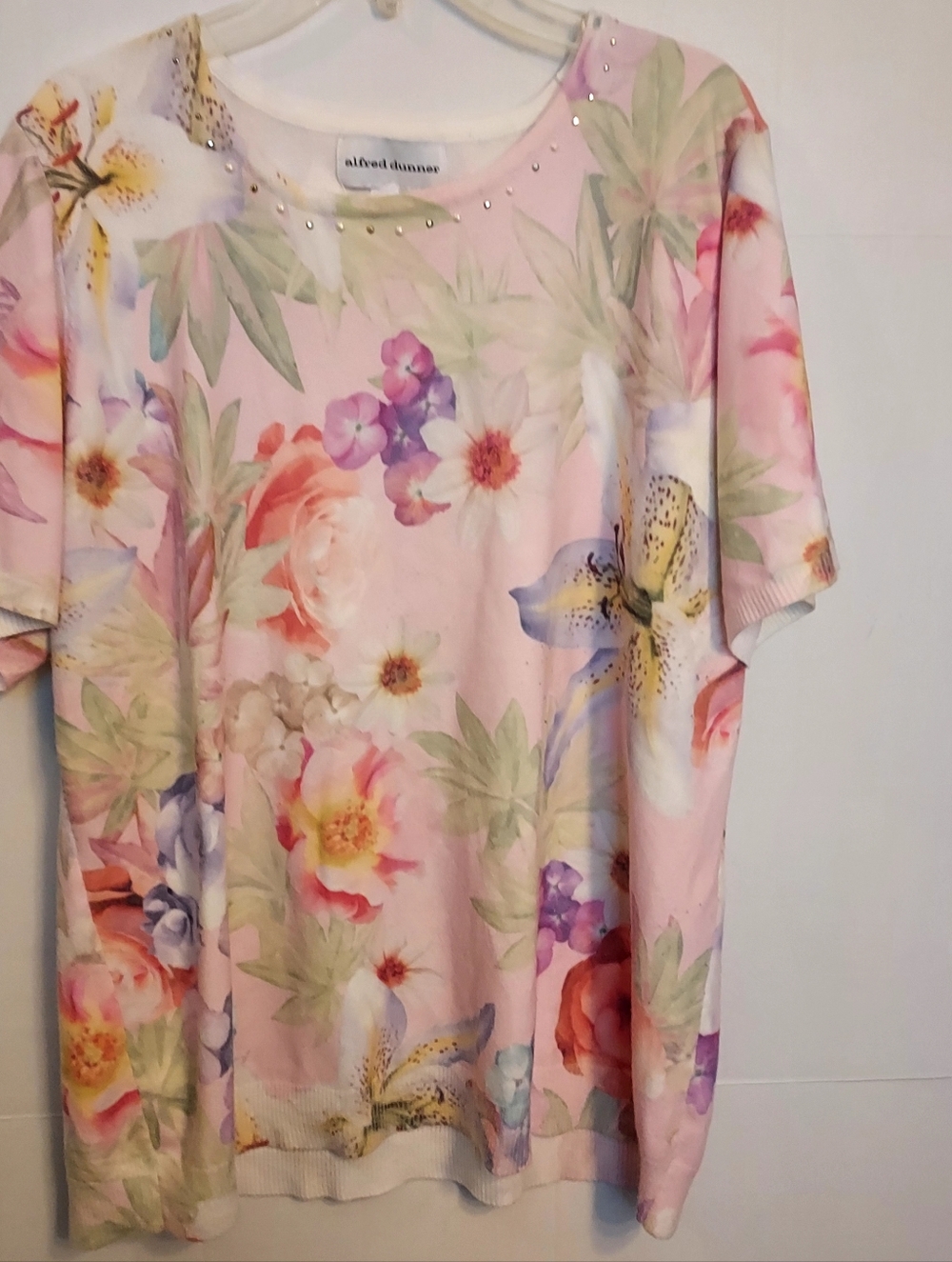 Alfred Dunner Pink Floral Short Sleeve Top Knit Spring Pretty